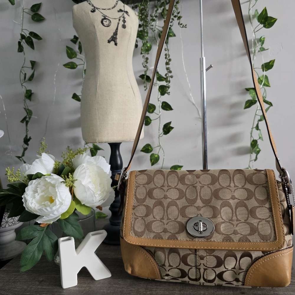 COACH Hampton Signature Canvas Tan/Brown Flap Crossbody Bag, Leather Trim